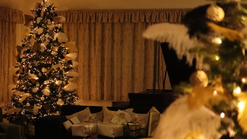 Black, white and gold decorated Christmas trees in the Saloon at Coleton Fishacre